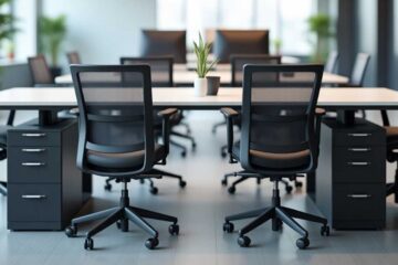 The Set of Tables with black chairs showing Ergonomics in Office Furniture Design