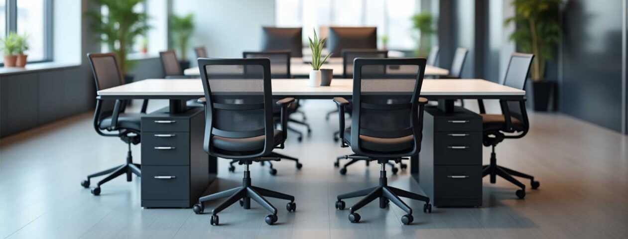 The Set of Tables with black chairs showing Ergonomics in Office Furniture Design