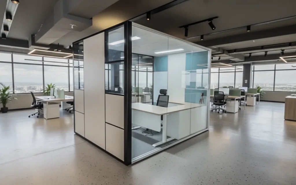Ubalpine Demountable Modular Cabin Inside an open office having back Side view