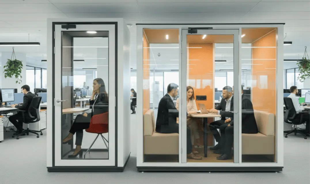 Modern open-plan office with one person sitting in a small phone booth, and 4 people having a meeting around a table inside a larger meeting booth.