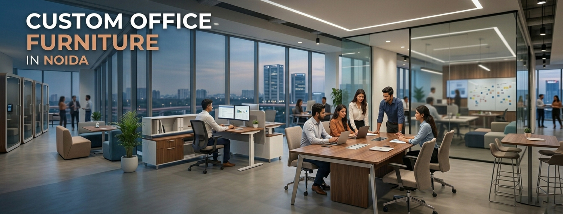 Custom office furniture in Noida with modular workstations, office meeting tables, ergonomic seating, and modern workspace layout
