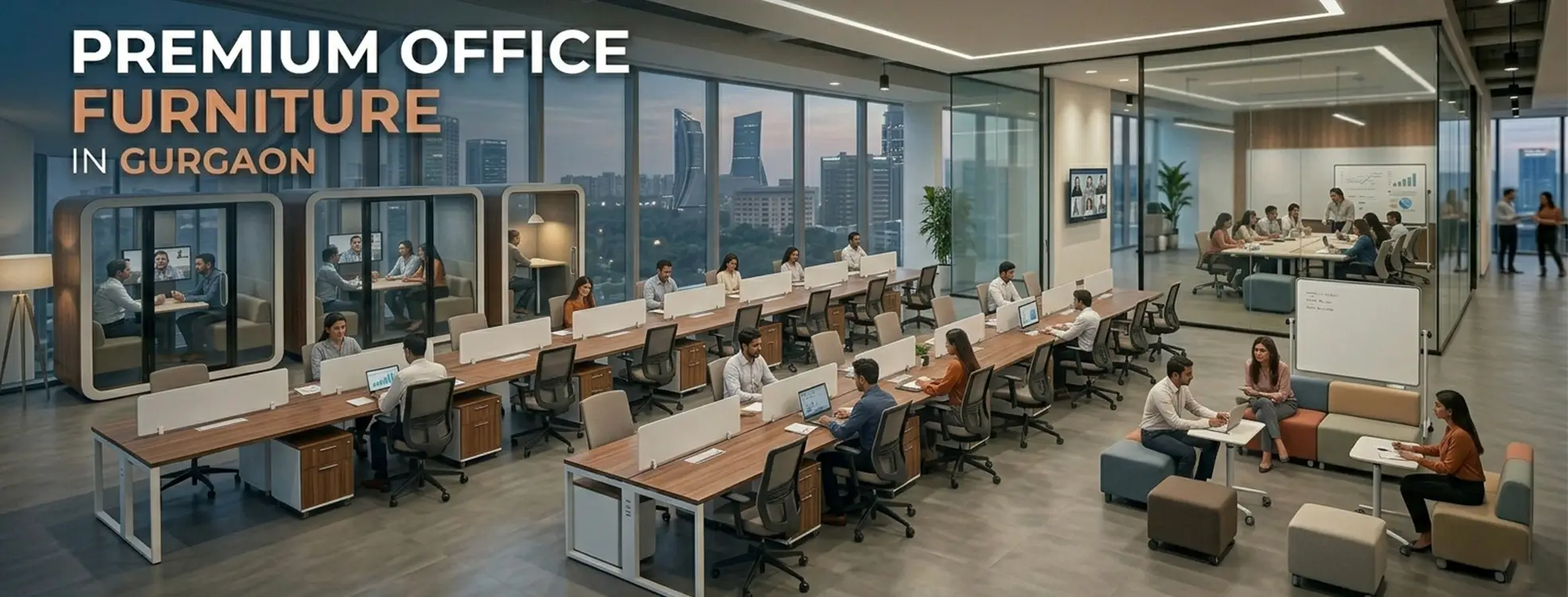 Premium office furniture in Gurgaon featuring linear workstations, pedestal storage, office pods, and collaborative seating in a modern open-plan interior.